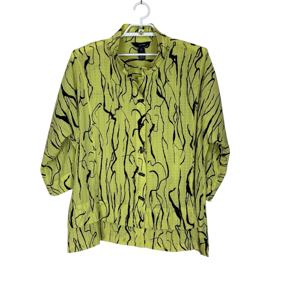 Ali Miles Crinkle Crepe Tunic Shirt Abstract Button Down 2x Neon Yellow/Black
